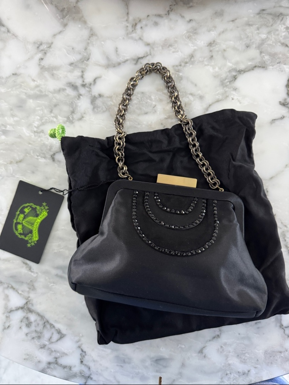 NWT Shanghai Tang Black Satin Chain-Handle Evening Bag with Beaded Detail